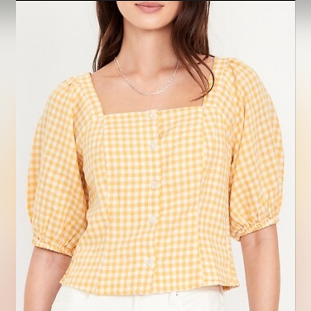 Old Navy Yellow Checkered Puff Sleeve Blouse